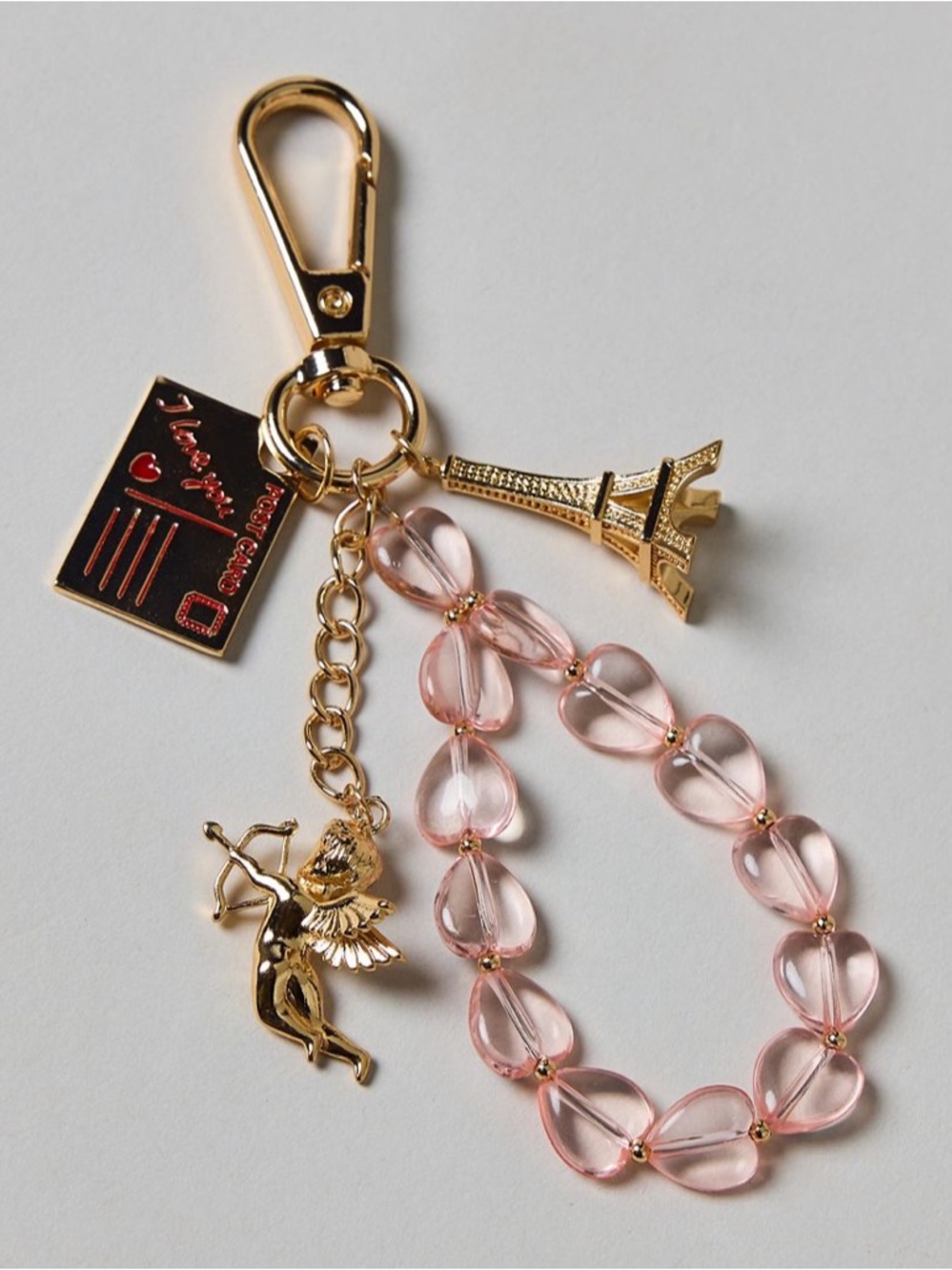 Pink Beads City of Love Paris Themed Gold Metal Keychain Bag Charm